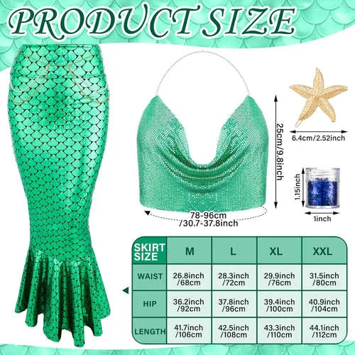 Vista 2 de Jiuguva 5 piezas de disfraz de sirena para mujer, falda de cadena metálica, estrella de mar, clip para el cabello, gel con purpurina para Halloween