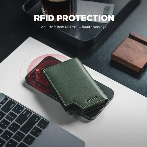 Vista 5 de VULKIT Cartera minimalista para hombre, tarjetero desplegable con bloqueo RFID, cierre magnético, billetera de cuero con ventana de identificación