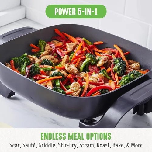 Vista 4 de GreenLife - Sartén eléctrica cuadrada de 12" 5QT, tapa de vidrio con ventilación, interior antiadherente de cerámica libre de PFAS, control de Negro
