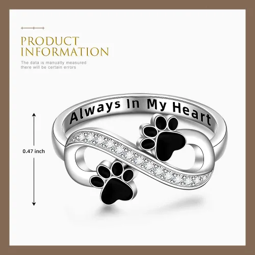 Vista 2 de Anillo de plata de ley con estampado de pata de gato y perro para mujer, anillos con estampado de pata de infinito Always In My Heart Memorial