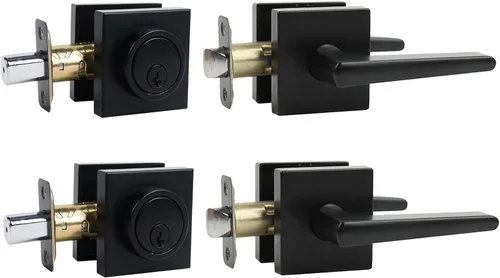 Vista 6 de Juego de cerrojo y pomo de puerta, juego de cerraduras de puerta exterior con cerrojo de seguridad, pomos cuadrados para puertas exteriores