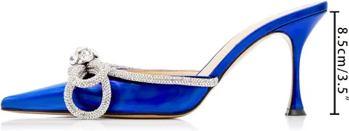 Vista 4 de MIRAAZZURRA Sandalias de tacón alto para mujer, con punta puntiaguda, diamantes de imitación de cristal, sandalias con lazo, sin espalda, zapatos