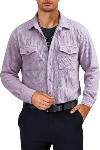 Vista 22 de Camisas con botones para hombre, casual, de manga larga, con cuello jacquard, texturizada, ligera, sobrecamisa, sobrecamisa