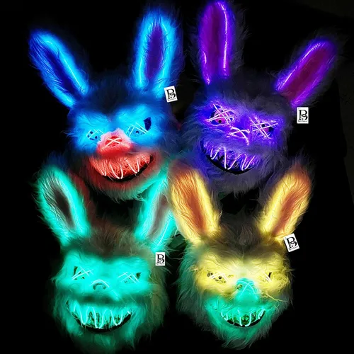 Vista 3 de Máscara aterradora con luz LED para Halloween, conejo, máscara de peluche sangrienta, máscara para disfraz de animal VIP