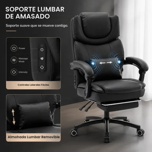 Vista 3 de Silla de oficina de calor de masaje grande y alta para personas ejecutivas de juegos Cuero Negro-2