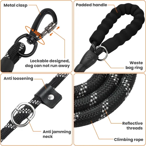Vista 3 de Correa deslizante para perro de 6 pies, ajustable y desmontable con gancho de entrenamiento reflectante, cuerda trenzada sin tirones con mango