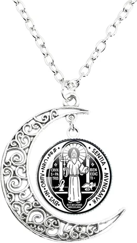 Vista 6 de Collar de plata de ley 925 de San Benito Medallón luminoso de San Benito Collar de Luna Católica Colgante San Benito Joyería medalla de san benito