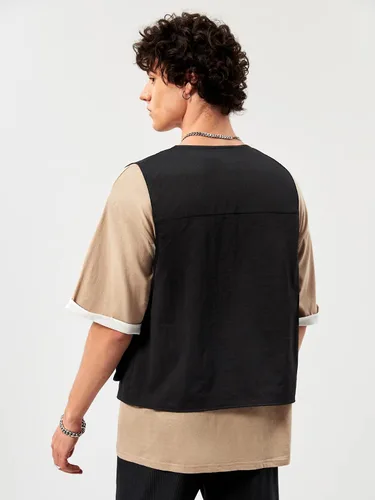 Vista 2 de Verdusa Chaleco tipo cargo steampunk sin mangas con hebilla con cremallera y bolsillo con solapa para hombre