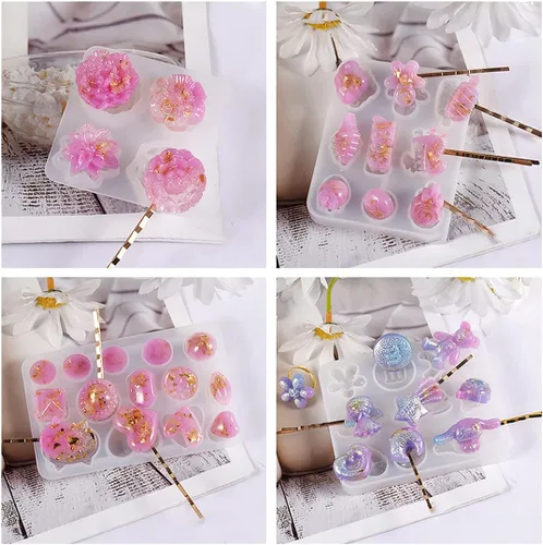 Vista 3 de 8 moldes de resina para el cabello con 20 horquillas doradas, accesorios para pasadores para el cabello, moldes de silicona para resina epoxi