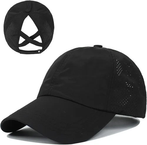 Vista 4 de Gorra de béisbol mejorada para mujer, con diseño de cola de caballo cruzada, ajustable, con moño, de secado rápido, gorra de camionero