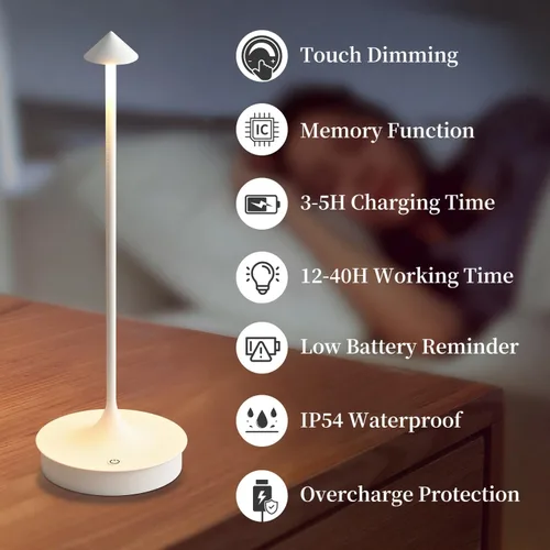 Vista 2 de Lámpara de mesa inalámbrica recargable LED funciona con pilas, lámpara de mesa de 4000 mAh, lámpara táctil regulable al aire libre, impermeable