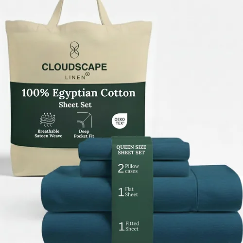 Vista 21 de Cloud Scape Linen - Juego de sábanas de algodón egipcio de doble capa, tamaño individual, tejido de satén de fibra larga, juego de 3 piezas, ropa