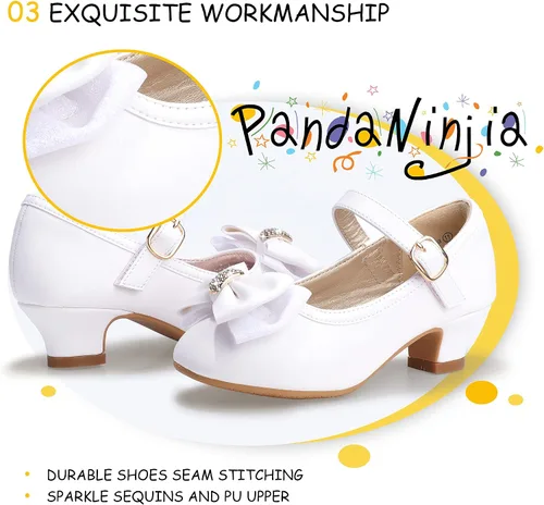 Vista 5 de PANDANINJIA Vestido de jada para niñas y niños pequeños, zapatos de princesa Mary Jane con tacones con lazo para fiesta, boda, boda