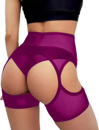 Vista 4 de BZB Pantalones cortos de baile de cintura alta para mujer, malla transparente con liguero, pantalones de yoga para entrenamiento atlético