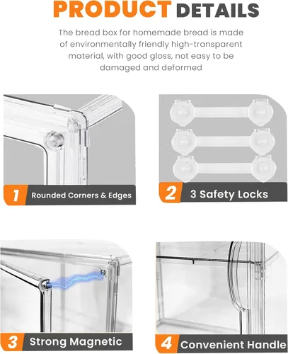 Vista 8 de Caja de pan, cajas de pan grandes para encimera de cocina, contenedor de almacenamiento de pan ajustable de 4 capas, cajas transparentes
