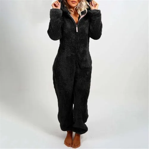 Vista 3 de Pijama con capucha de invierno para mujer, de una pieza, con estampado de vaca, con cierre completo, de manga larga, de felpa