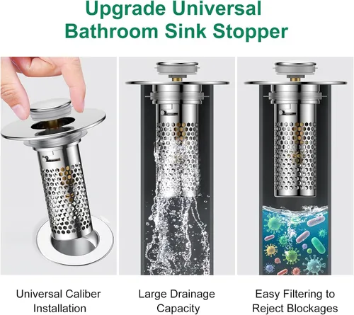 Vista 3 de Colador de drenaje para lavabo de baño, tapón emergente para lavabo atrapa cabellos, cesta de filtro de drenaje de acero inoxidable Ysilver-2