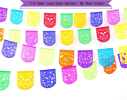 Vista 5 de Papel picado Dia de Los Muertos, Papel para Ofrendas, Altar y Otros Pequeños Espacios 5 Paquetes Tamaño Mini Ovalado Multicolor