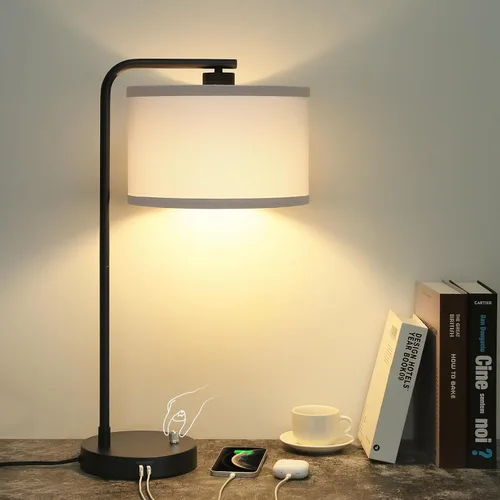 Vista 15 de Juego de 2 lámparas de mesa, lámpara de mesita de noche completamente regulable con puertos de carga USB C+A, lámparas modernas de noche