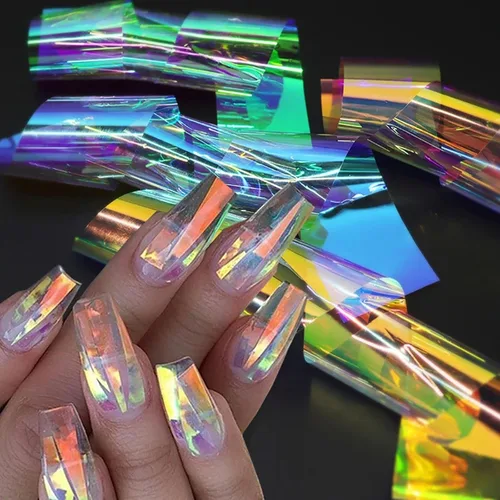 Vista 7 de 20 hojas de papel de celofán iridiscente para uñas, hojas rotas, láminas holográficas, calcomanías de uñas de aurora, diseños de uñas reflectantes