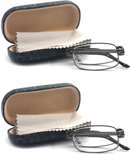 Vista 11 de Gafas de lectura plegables de metal rectangulares compactas con estuche de cuero para hombres y mujeres