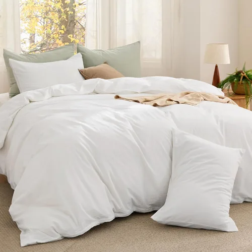 Vista 19 de Bedsure Juego de edredón de tamaño matrimonial, tela de algodón con relleno interior de microfibra, juego de cama suave PureWoven rosa claro