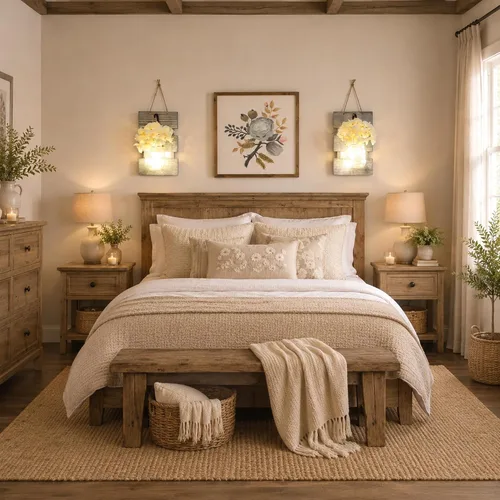 Vista 18 de Decoración rústica de madera para colgar en la pared con tira de luces LED para sala de estar y dormitorio modernos, estilo campestre inspirador