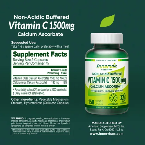 Vista 9 de Innervis Nutrition - Vitamina C tamponada de 1500 mg, cápsulas de ascorbato de calcio no ácidas aptas para el estómago para el apoyo inmunológico