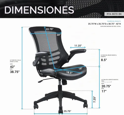 Vista 3 de Elegante silla de oficina de malla con respaldo medio con brazos ajustables. Color: negro