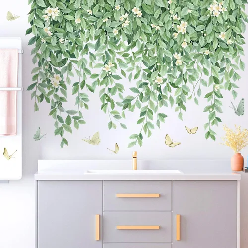 Vista 9 de Calcomanías de pared colgantes de hojas verdes, elegantes plantas, calcomanías de pared de vinilo para despegar y pegar, murales de pared