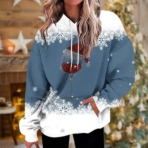 Vista 2 de Vifucz Navidad vacaciones pulóver sudaderas capucha Casual sudadera capucha copa vino tinto impresión sudaderas camisa Top