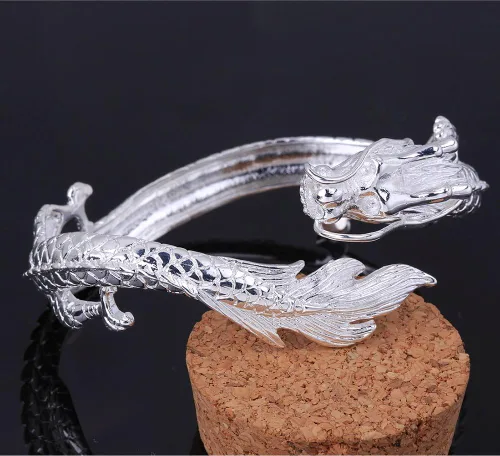 Vista 5 de Pulsera de plata de ley 925 antigua con dragón chino elegante para señora caballero