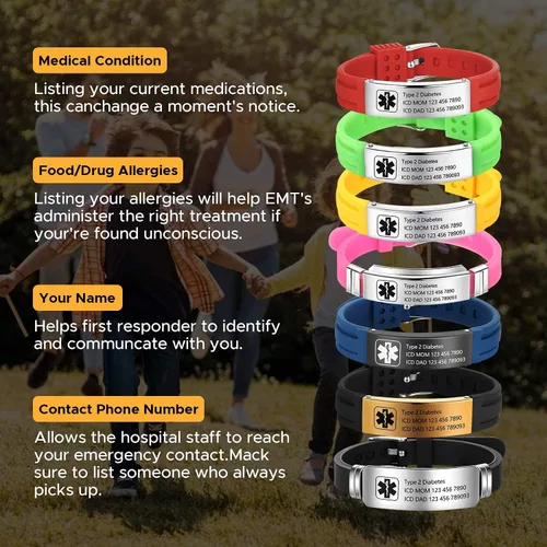 Vista 136 de OPALSTOCK Pulseras médicas personalizadas de silicona ajustable para identificación de emergencias, grabado gratuito, 9 pulgadas, resistente al