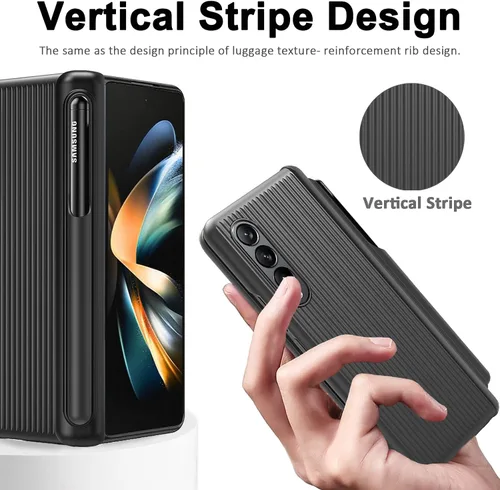 Vista 3 de Miimall Funda compatible con Samsung Galaxy Z Fold 4 con S Pen, protector de pantalla frontal, diseño de rayas verticales, funda con bisagras