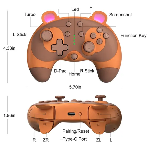 Vista 2 de PowerLead Wireless Controller for Nintendo Switch, Cute Raccoon Animal Pro Gamepad for Nintendo Switch with 6 AxisTurboMotion ControlWake-up