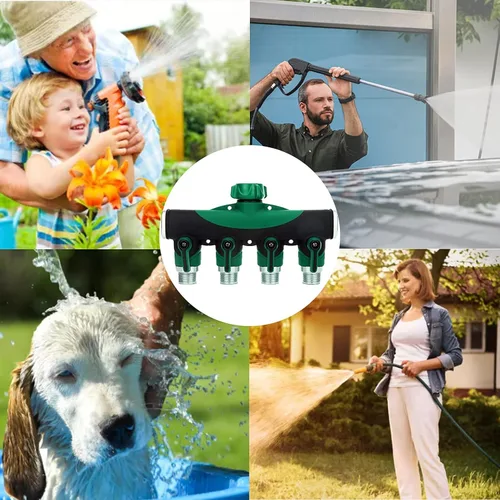 Vista 6 de Divisor de manguera de jardín de 4 vías – 3/4 pulgadas resistente de metal para grifo de agua con válvulas de cierre, conectores de manguera a
