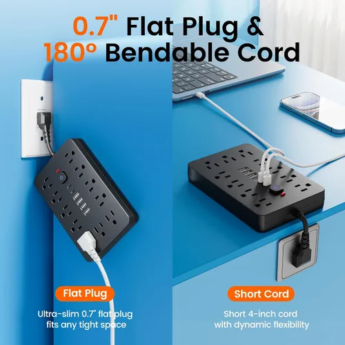 Vista 6 de Protector de sobretensiones - Enchufe de pared con múltiples tomas de corriente alterna, 6 puertos USB (2 USB C), cable de extensión corto negro
