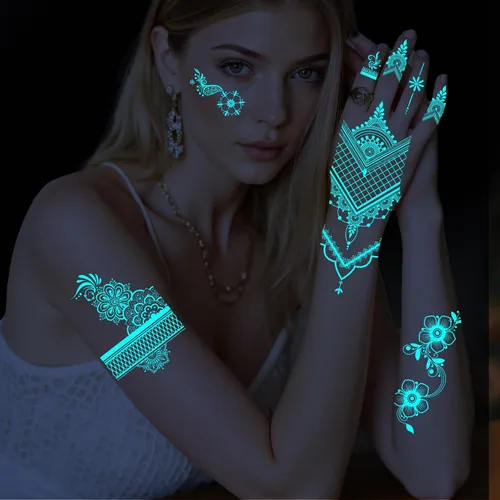 Vista 4 de Konsait 8 hojas de tatuajes luminosos temporales para mujeres y niñas, tatuajes temporales luminosos para mujeres, tatuajes de luz negra que brillan