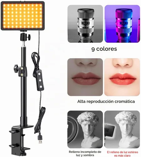 Vista 7 de Paquete de 2 luces clave de transmisión con soporte de escritorio, soporte de abrazadera en C, luz de panel de video regulable para grabación