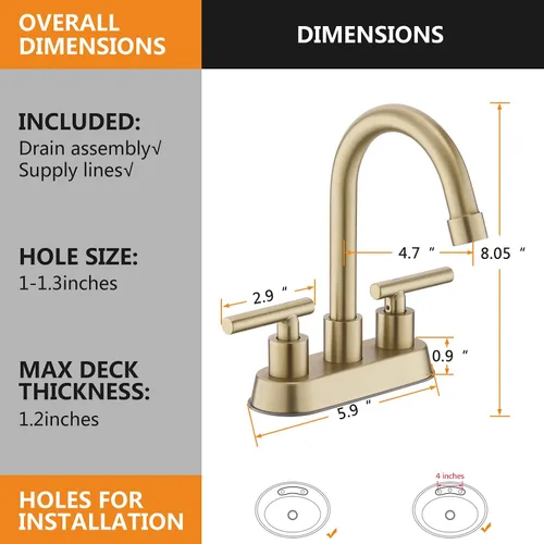 Vista 3 de llave de baño, grifo de fregadero de 2 manijas dorado, grifos de baño dorados, llave de fregadero central de 4 pulgadas con drenaje emergente