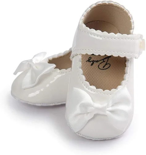 Vista 6 de Meckior - Zapatos bajos y livianos para bebés estilo Mary Jane con suela suave y lazo decorativo para vestidos de princesa o bodas para niñas que