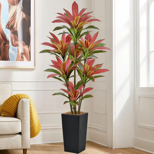 Vista 10 de Roselywed - Árbol de Dracaena artificial rojo de 5 pies, 90 hojas y maceta Maceta alta gris