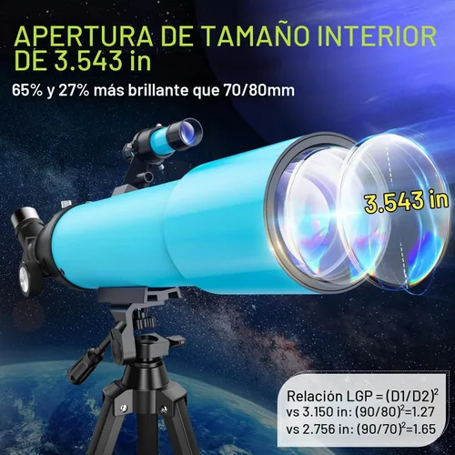 Vista 2 de Telescopio refractor de 3.543 in para adultos y niños: alcance 150X con Cian