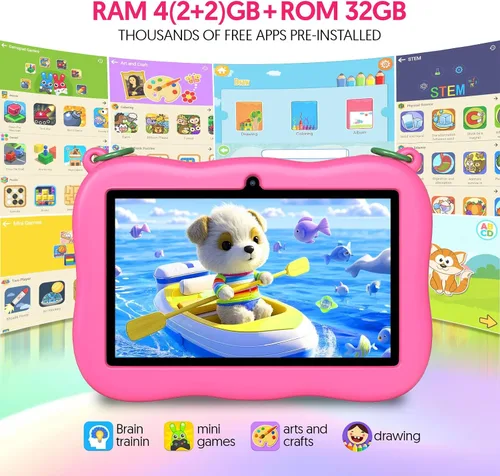 Vista 3 de 7 pulgadas Android 13 Kids Tablet, 4GB+32GB+1TB expandido, Quad-Core tableta para niños pequeños con funda a prueba de golpes, Bluetooth, WiFi