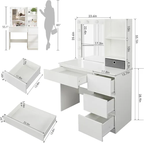 Vista 7 de Fameill Tocador de maquillaje con luces, escritorio de tocador de 37 pulgadas con espejo y luces, 4 cajones, 3 modos de iluminación, brillo