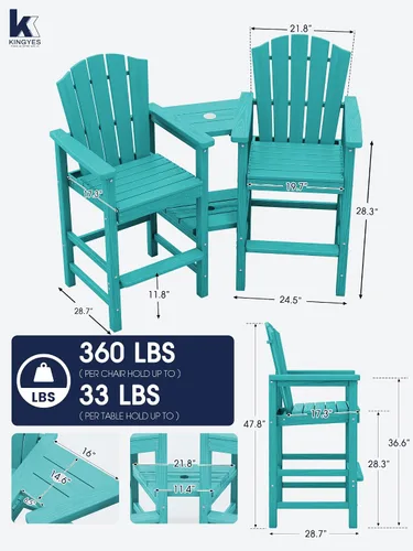Vista 4 de KINGYES Aruba - Juego de 4 sillas Adirondack altas de HDPE con bandejas de conexión dobles, silla Adirondack de altura de barra en relieve para 2