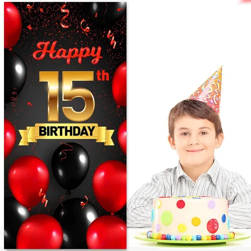 Vista 7 de Cartel de feliz cumpleaños 15 cumpleaños rojo y negro telón de fondo para cabina de fotos, globos de vítores a 15 años de edad, decoración temática