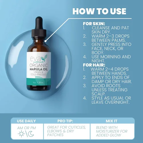 Vista 5 de Eva Naturals Aceite de marula – Aceite prensado en frío 100% puro para cara, cabello, piel y cuerpo – Suero facial ligero y de masaje – Hidratante
