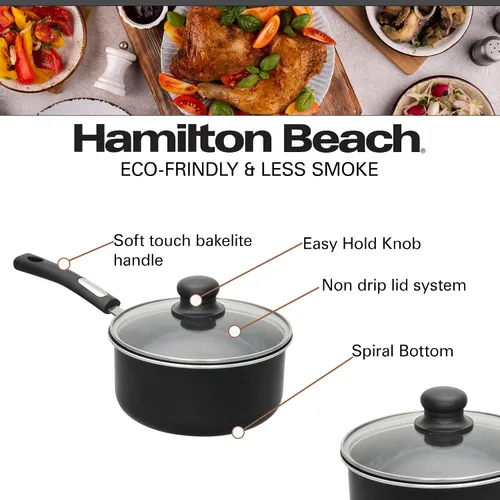 Vista 3 de Hamilton Beach Juego de utensilios de cocina cubiertos de aluminio, sartén antiadherente, horno holandés con mango de baquelita suave al tacto, Negro