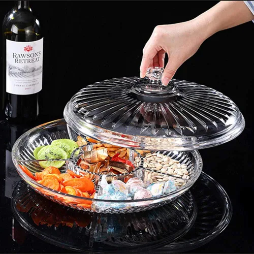 Vista 5 de Bandeja creativa de acrílico multifuncional para aperitivos con tapa, platos para servir frutas secas, nueces, dulces, frutas, 6 compartimentos